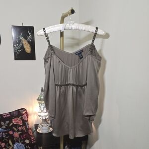 Boston Proper Taupe/grey 100% Silk Cold Shoulder Blouse with Chain Detail